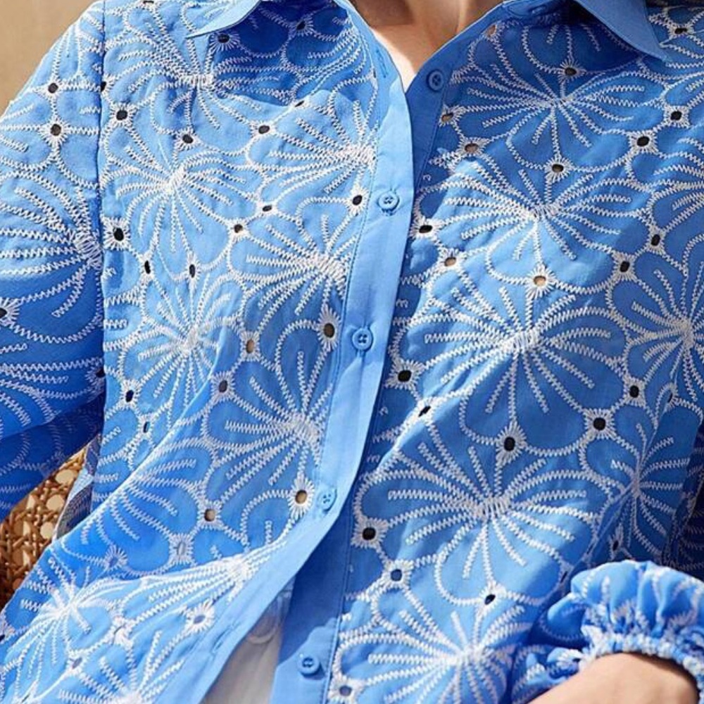 NWOT Anthropologie Blue embroidered floral top with white details, puff sleeves
